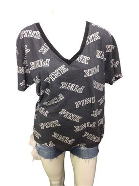 PINK Victoria's Secret Charcoal Gray Logo V-Neck Tee